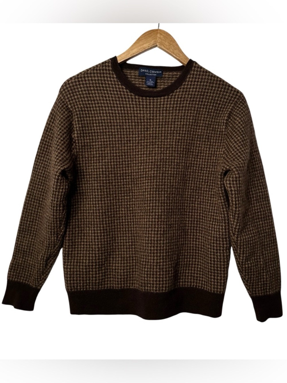 Daniel Cremieux Brown Houndstooth Wool Silk and Alpaca Blend Crewneck Sweater